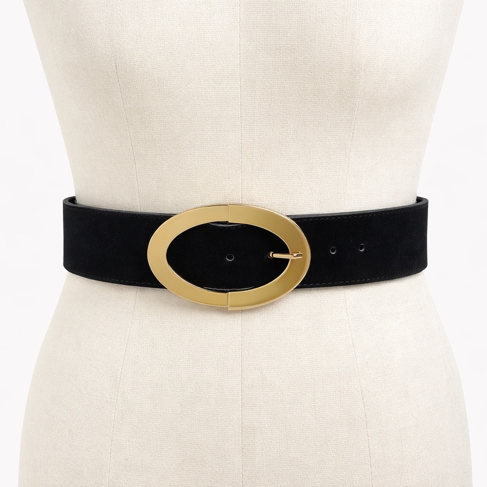 ZARA Black Suede Waist Belt Gold Oval Buckle Wide‎ Statement Belt - Picture 11 of 11